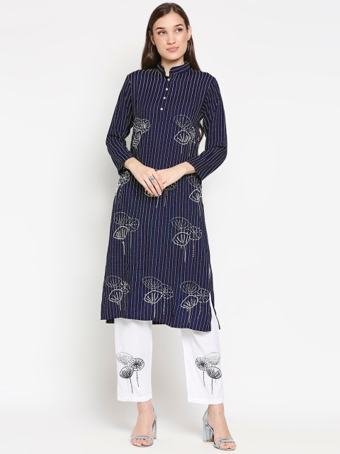 

SALWAR STUDIO Women Navy Blue Floral Printed Pure Cotton Kurta with Trousers