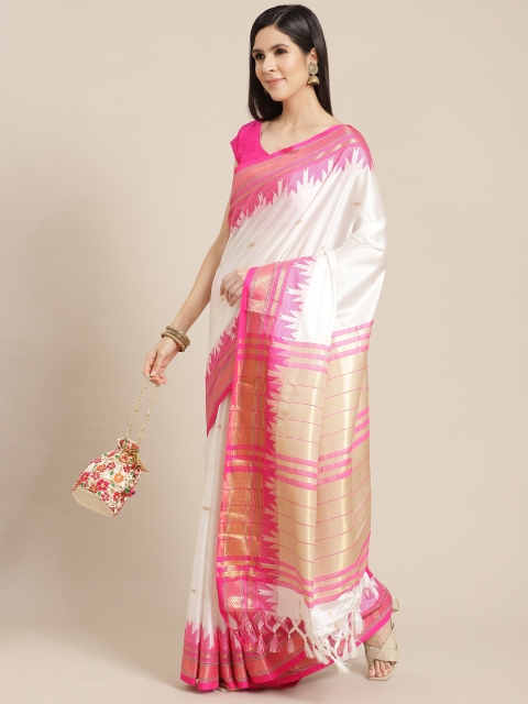 

Anouk White & Pink Woven Design Banarasi Traditional Saree