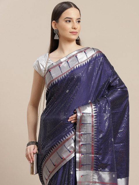 

Anouk Navy Blue & Silver Woven Design Sequinned Banarasi Saree