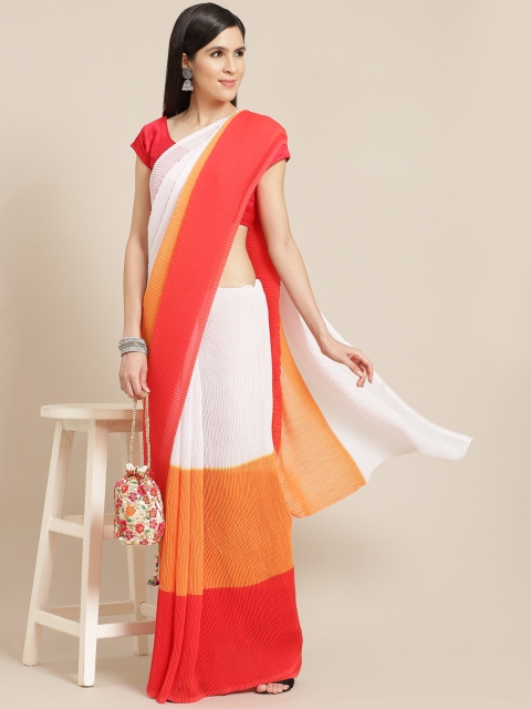 

Anouk White & Orange Accordion Pleated Colourblocked Saree