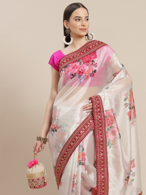 

Anouk White & Pink Floral Print Organza Saree