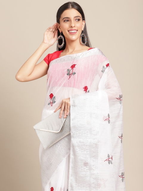 

Anouk White & Red Floral Embroidered Linen Blend Saree