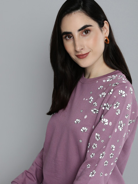 

HERE&NOW Women Purple Floral Printed Round-Neck Pure Cotton Pullover Sweatshirt