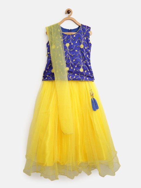 

Aarika Girls Yellow & Blue Ready to Wear Solid Lehenga & Embroidered Blouse With Dupatta
