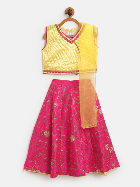 

Aarika Girls Pink & Yellow Embroidered Ready to Wear Lehenga & Blouse With Dupatta