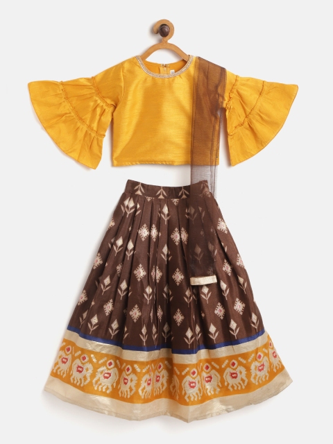 

Aarika Girls Brown Mustard Yellow Printed Ready to Wear Lehenga & Blouse With Dupatta