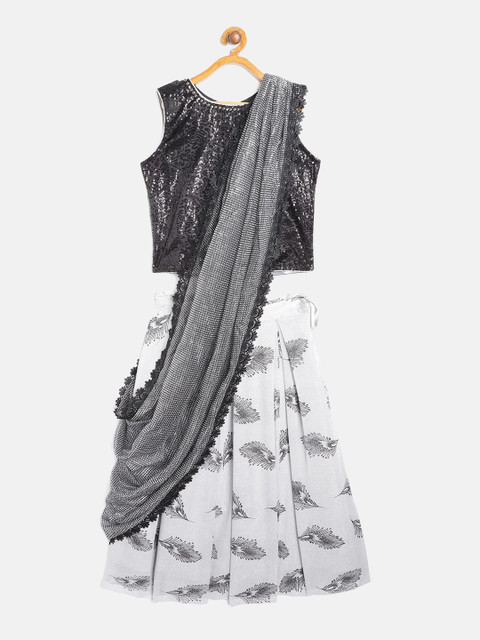 

Aarika Girls Black & Grey Printed Lehenga & Sequinned Blouse With Attached Dupatta