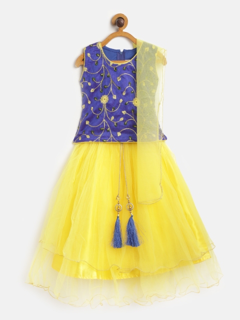 

Aarika Girls Yellow & Navy Solid Ready to Wear Lehenga & Embroidered Blouse With Dupatta