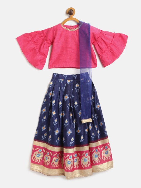 

Aarika Girls Navy Blue & Pink Printed Ready to Wear Lehenga & Blouse With Dupatta