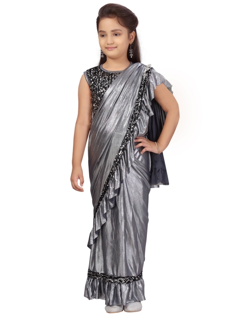 

Aarika Girls Gun Metal Satin Finish Sequinned Ruffled Ready To Wear Saree, Metallic