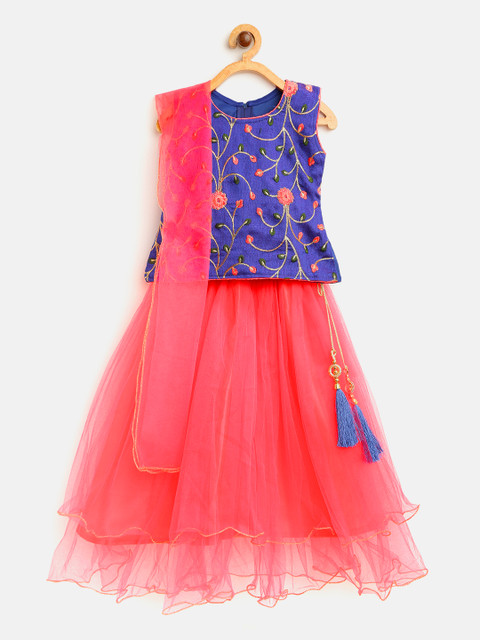 

Aarika Girls Coral Pink & Blue Ready to Wear Lehenga & Embroidered Blouse With Dupatta