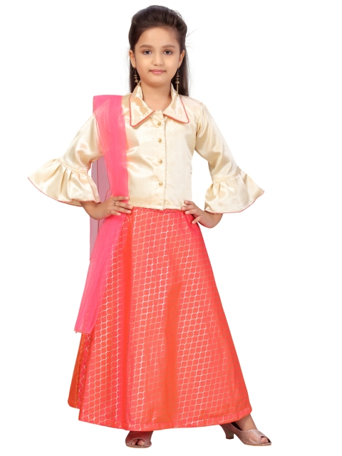 

Aarika Girls Coral Pink & Cream-Colour Ready to Wear Printed Lehenga & Blouse With Dupatta