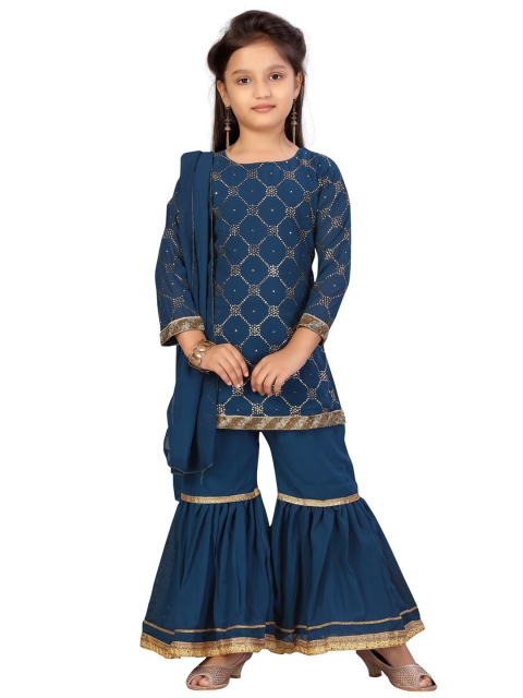 

Aarika Girls Teal Blue & Golden Embellished Kurti with Sharara & Dupatta