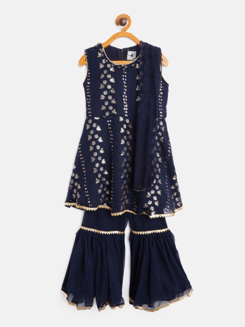 

Aarika Girls Navy Blue & Gold Ethnic Embroidered A-Line Kurta with Sharara & Dupatta