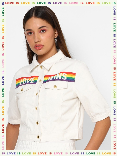 

FOREVER 21 Women White Crop Tailored Jacket with Embroidered