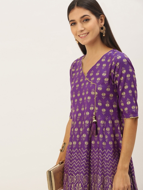 

NEFIS Women Purple & Golden Ethnic Motifs Printed Angrakha Anarkali Kurta