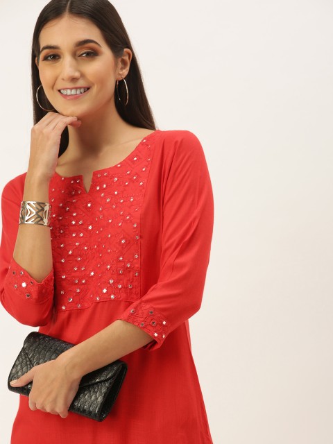

NEFIS Women Coral Printed Mirror Work Kurta