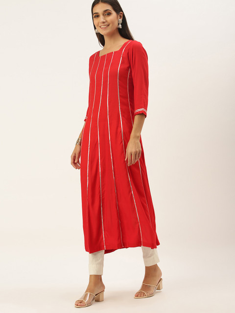 

NEFIS Women Red & Silver Striped Gotta Patti A-Line Kurta