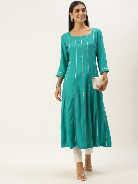 

NEFIS Women Turquoise Blue & Silver Striped Gotta Patti A-Line Kurta