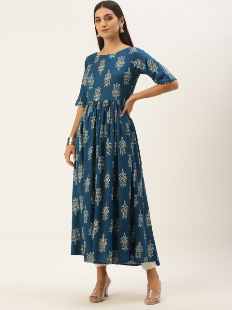 

NEFIS Women Navy Blue & Golden Ethnic Motifs Print A-Line Kurta