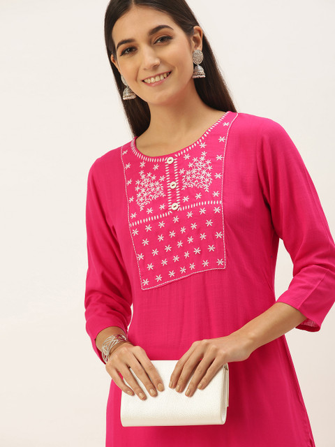 

NEFIS Women Pink & White Ethnic Motifs Embroidered Straight Kurta