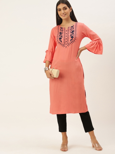 

NEFIS Women Peach-Coloured & Navy Blue Ethnic Motifs Embroidered Straight Kurta