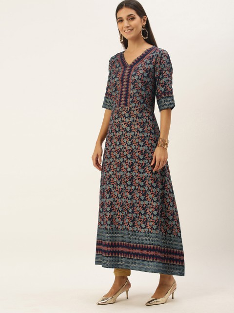 

NEFIS Women Navy Blue & Red Ethnic Motifs Printed A-Line Kurta