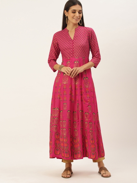 

NEFIS Women Pink & Golden Ethnic Motifs Printed Anarkali Kurta
