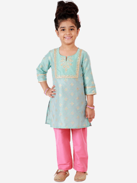 

Lil Peacock Girls Blue & Gold Ethnic Motifs Print Gotta Patti Work Kurta with Trousers