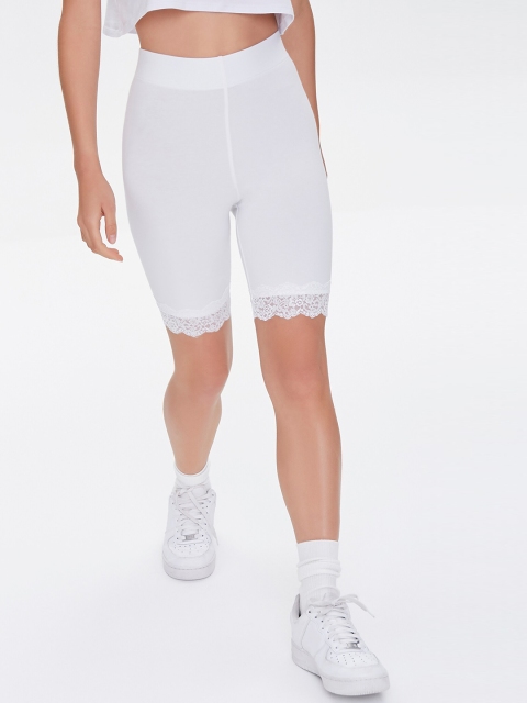 

FOREVER 21 Women White Mid-Rise Lace-Trim Biker Shorts