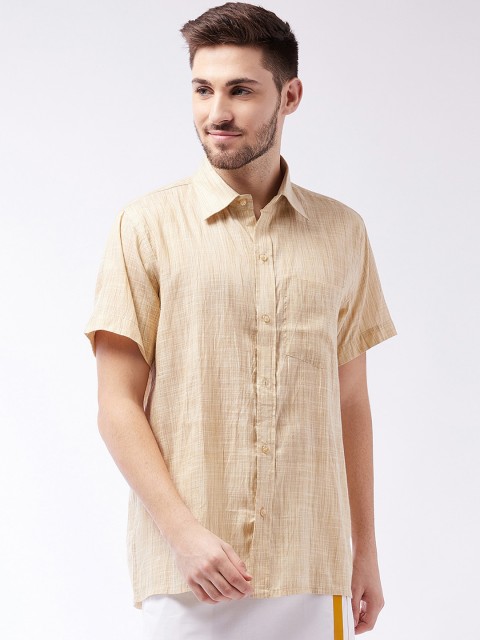 

VASTRAMAY Men Beige Solid Cotton Ethnic Shirt