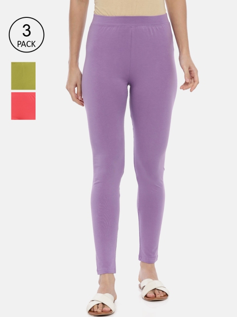 

Huggy Women Pack Of 3 Red Purple & Green Cotton Ankle Length Legging