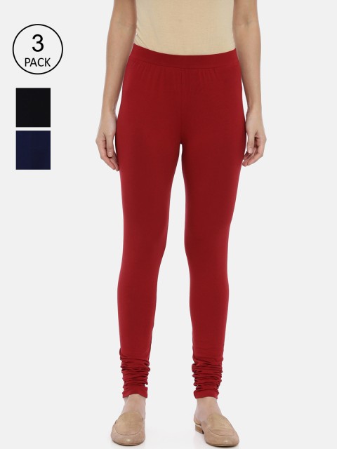 

Huggy Women Pack Of 3 Maroon Navy Blue & Black Cotton Churidar Length Legging