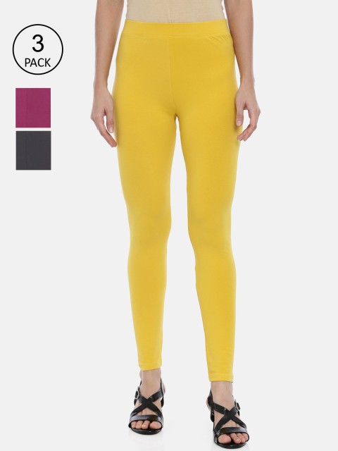 

Huggy Women Pack of 3 Yellow & Pink Solid Ankle Length Cotton Leggings