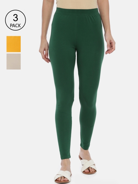 

Huggy Women Pack Of 3 Green Beige & Yellow Cotton Ankle Length Legging