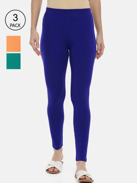 

Huggy Pack of 3 Blue & Peach Solid Cotton Leggings, Green