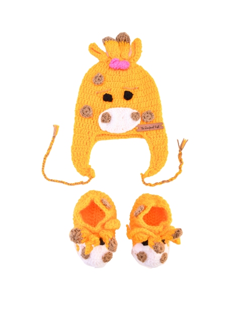 

The Original Knit Unisex Kids Yellow & Brown Self Design Beanie Cap With Socks