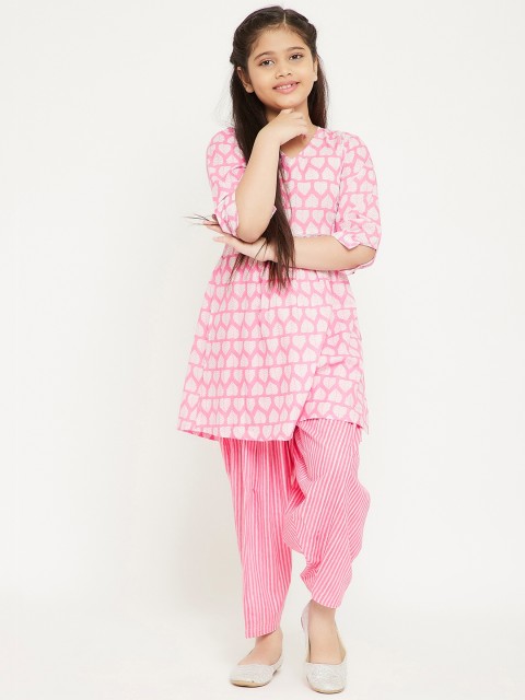 

Stylo Bug Girls Pink Printed Pure Cotton Kurta with Salwar