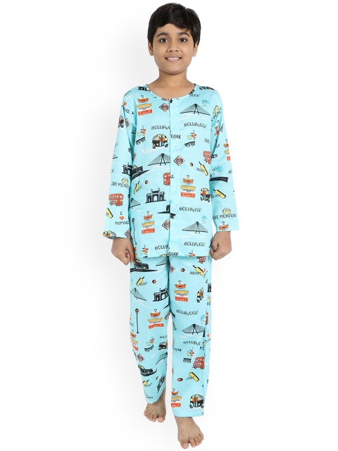 

Nigh Nigh Boys Turquoise Blue & Black Conversational Printed Pure Cotton Sustainable Night Suit