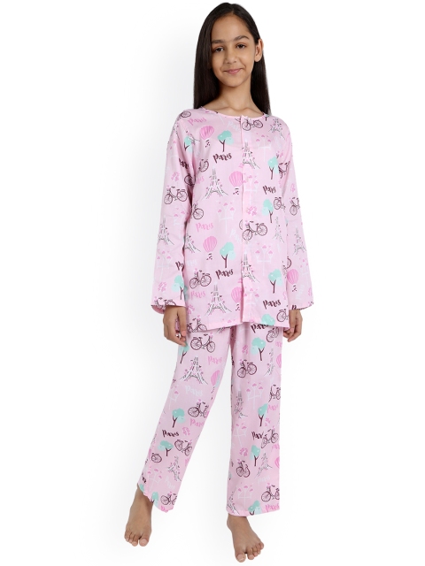 

Nigh Nigh Girls Pink Printed Pure Cotton Sustainable Night Suit