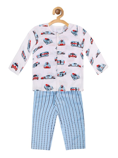 

Nigh Nigh Boys White & Blue Formula One Printed Pure Cotton Sustainable Night Suit