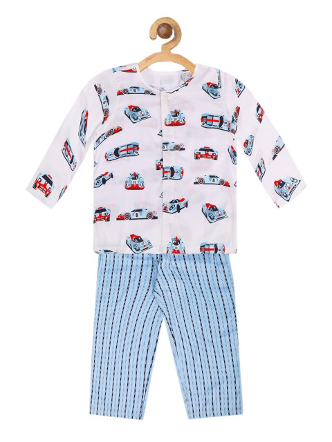 

Nigh Nigh Boys White & Blue Formula One Printed Pure Cotton Sustainable Shirt With Striped Pyjama