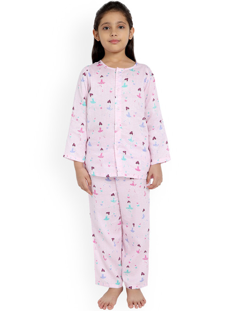 

Nigh Nigh Girls Pink Printed Pure Cotton Sustainable Night Suit