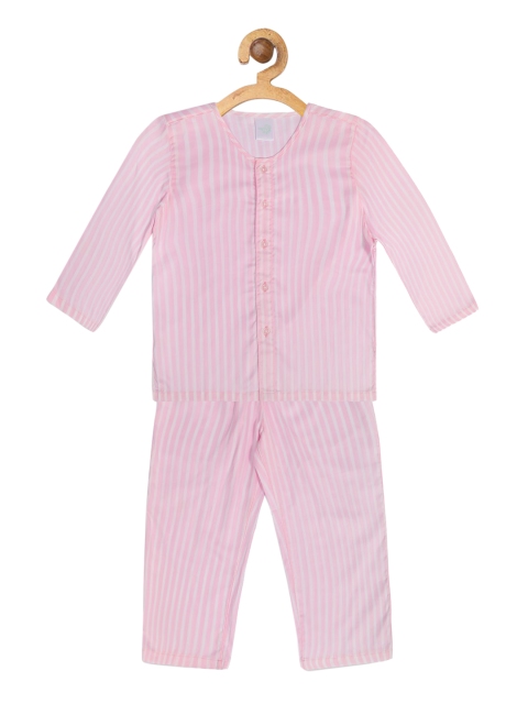 

Nigh Nigh Girls Pink & White Striped Pure Cotton Sustainable Night Suit