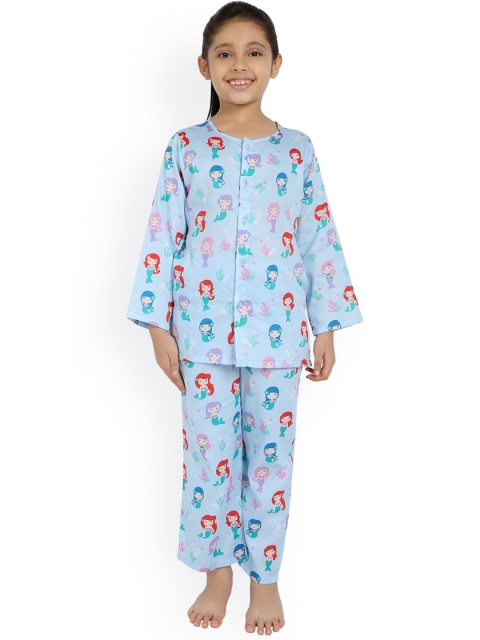 

Nigh Nigh Girls Blue Printed Pure Cotton Sustainable Night Suit