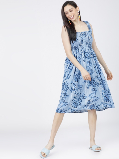 

Tokyo Talkies Women Blue Floral Smocked Georgette Dress