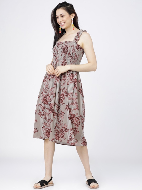 

Tokyo Talkies Women Taupe & Brown Floral Smocked Georgette Midi Dress