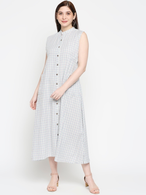 

Kuber Studio Women Off White & Green Checked Shirt Midi Dress