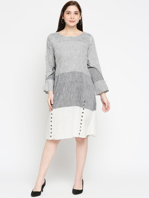 

Kuber Studio Women White & Grey Striped A-Line Handloom Dress
