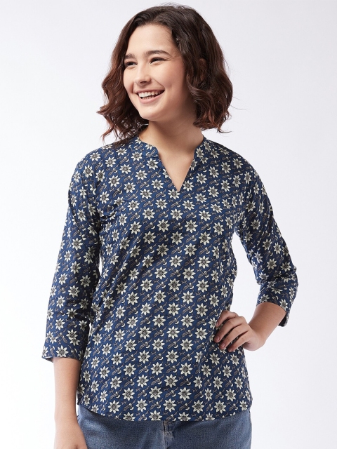 

InWeave Blue Floral Mandarin Collar Regular Top